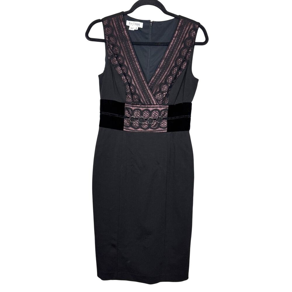 Kay Unger New York Womens 8 Black Velvet Lace V Neck Midi Cocktail Dress